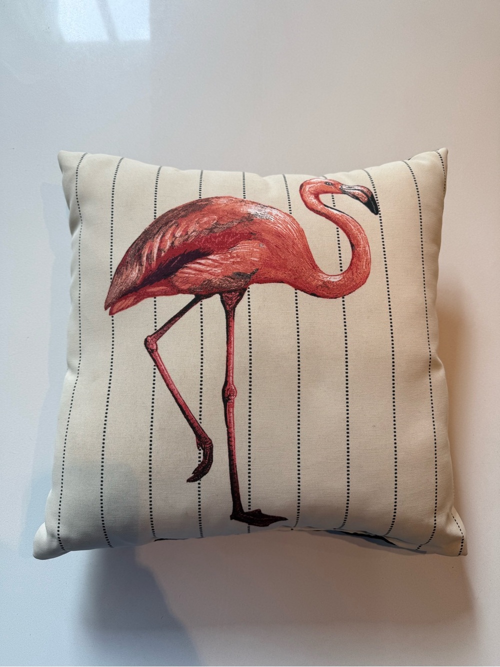 Flamingo Pinstripe Outdoor Pillow - Beige with Pink Flamingo, Black Back, 18x18